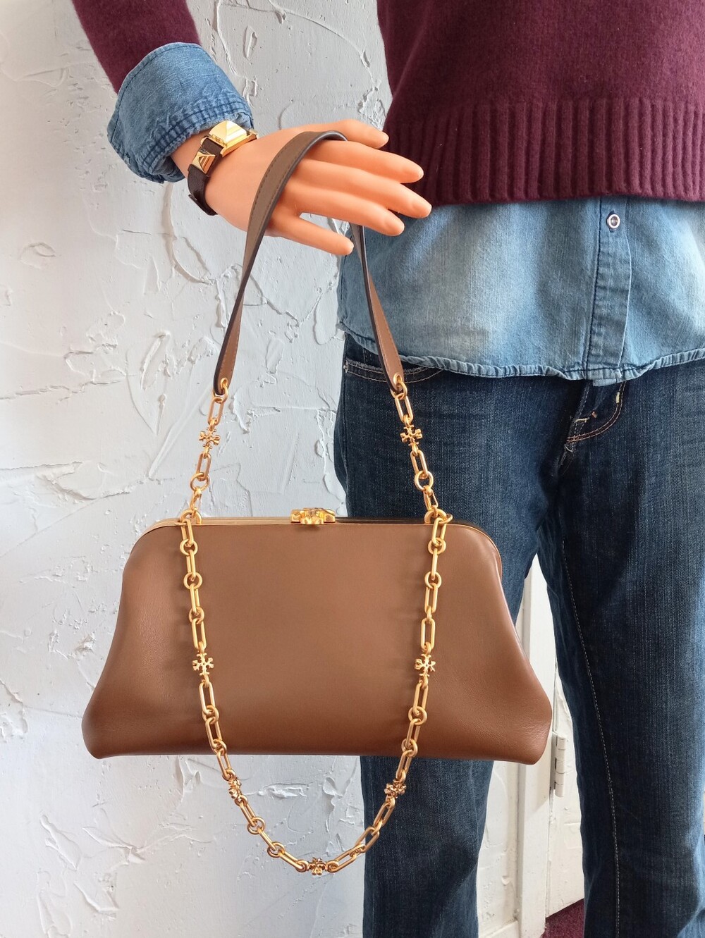 Tory Burch Cleo Shoulder Bag in Moose, Like New, Large size Frame bag.